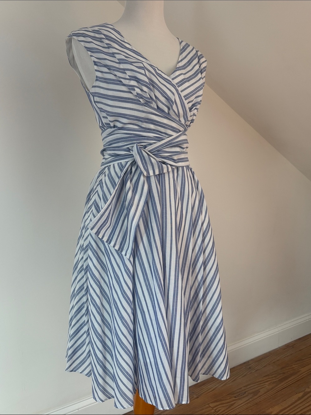 Calvin Klein White and Blue Striped Wrap Midi Dress